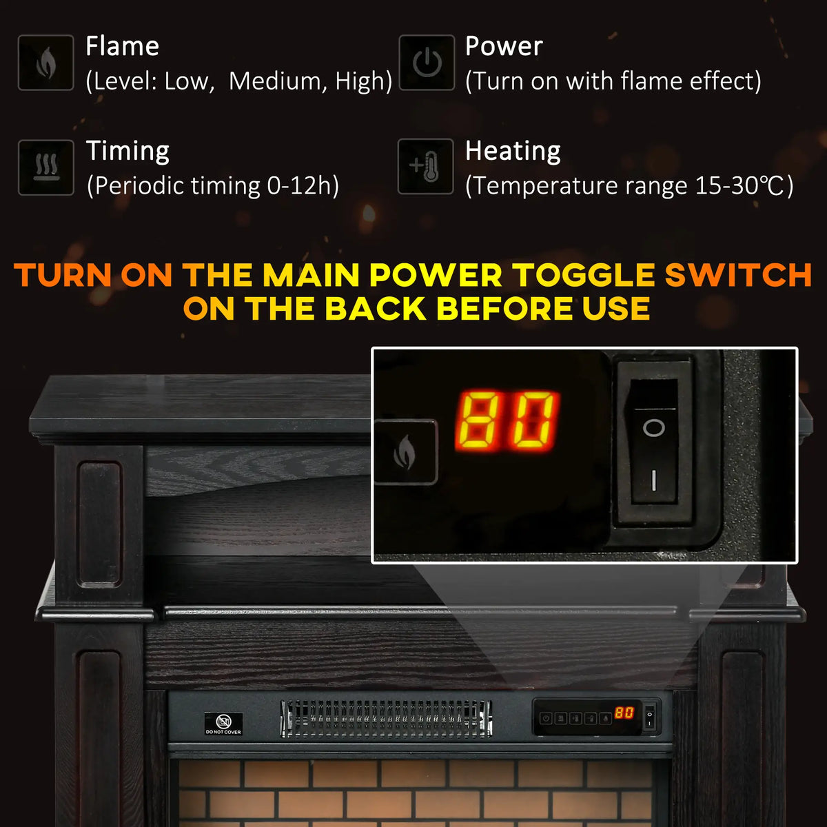 Remote-Controlled Electric Fireplace with Heat Settings