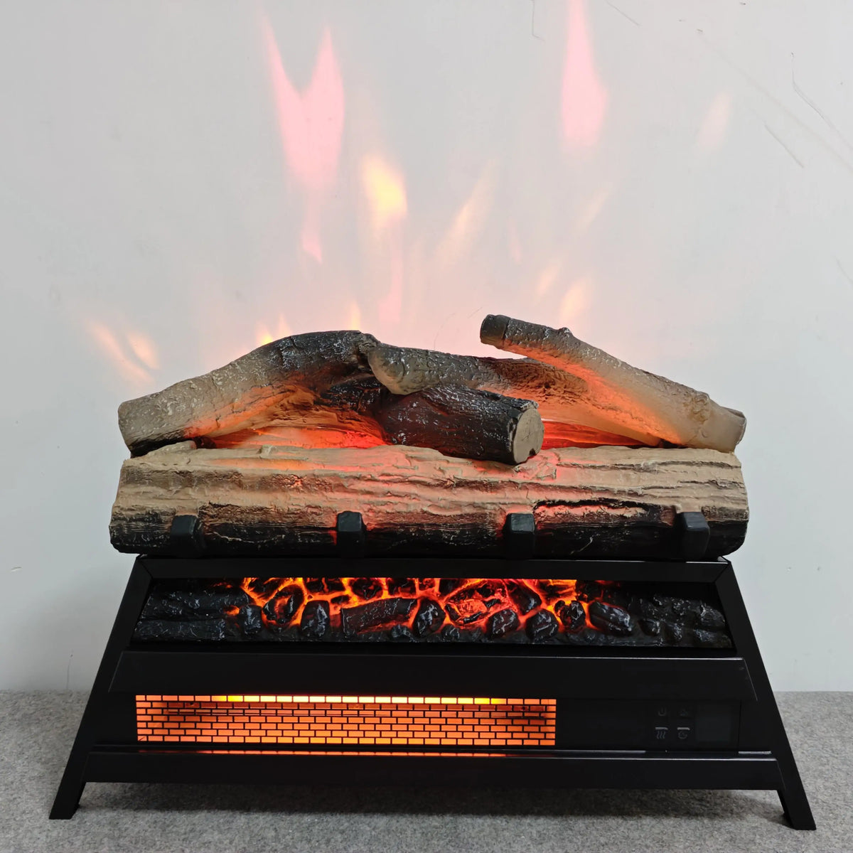 Electric fireplace with remote and adjustable brightness.