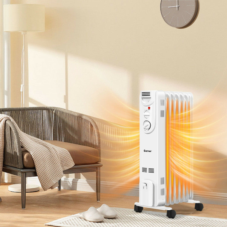 1500W Electric Oil-Filled Space Heater – Portable Indoor Radiator with 3 Heat Settings, Thermostat & Tip-Over Protection for Quiet Heating