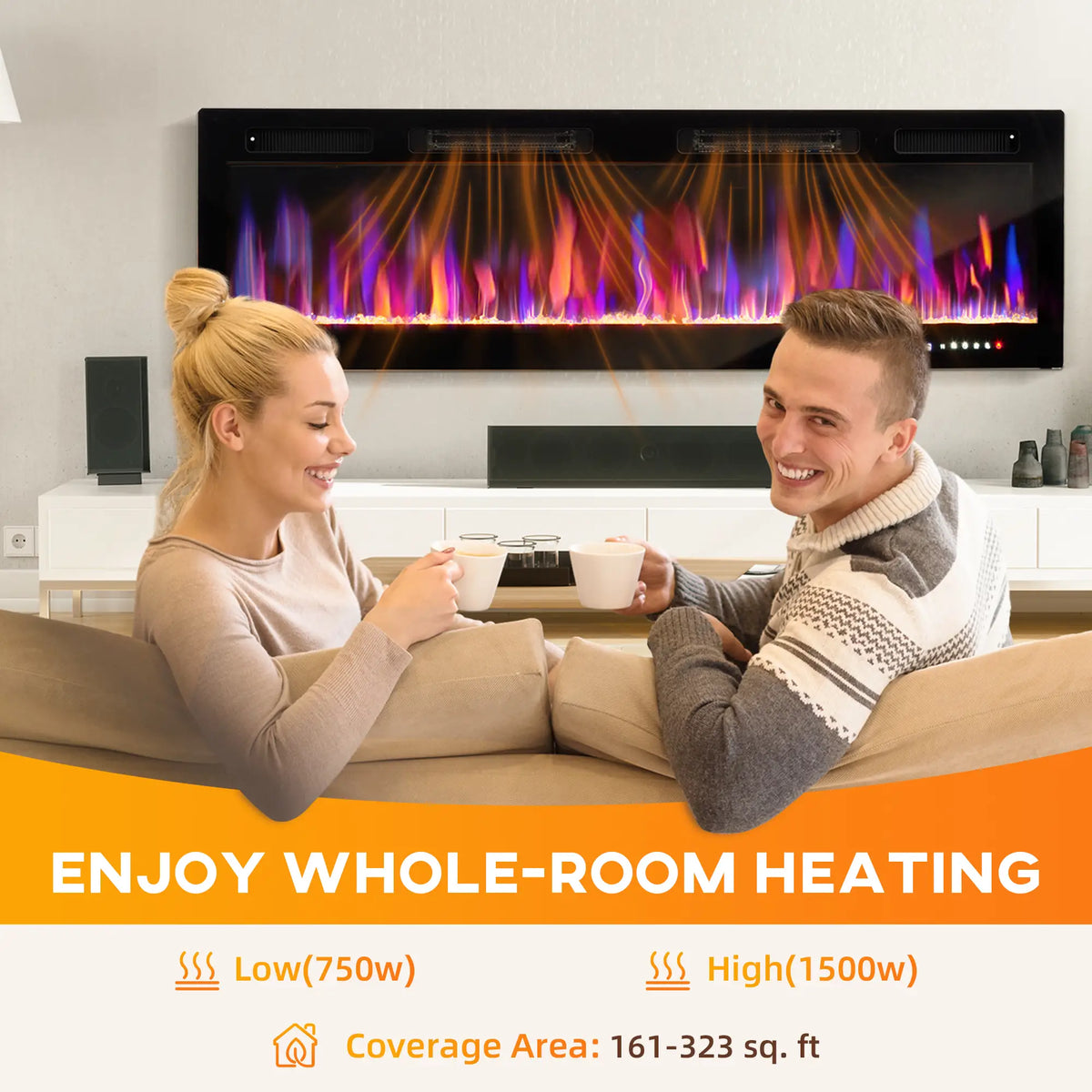 CSA-certified electric fireplace with built-in safety features.