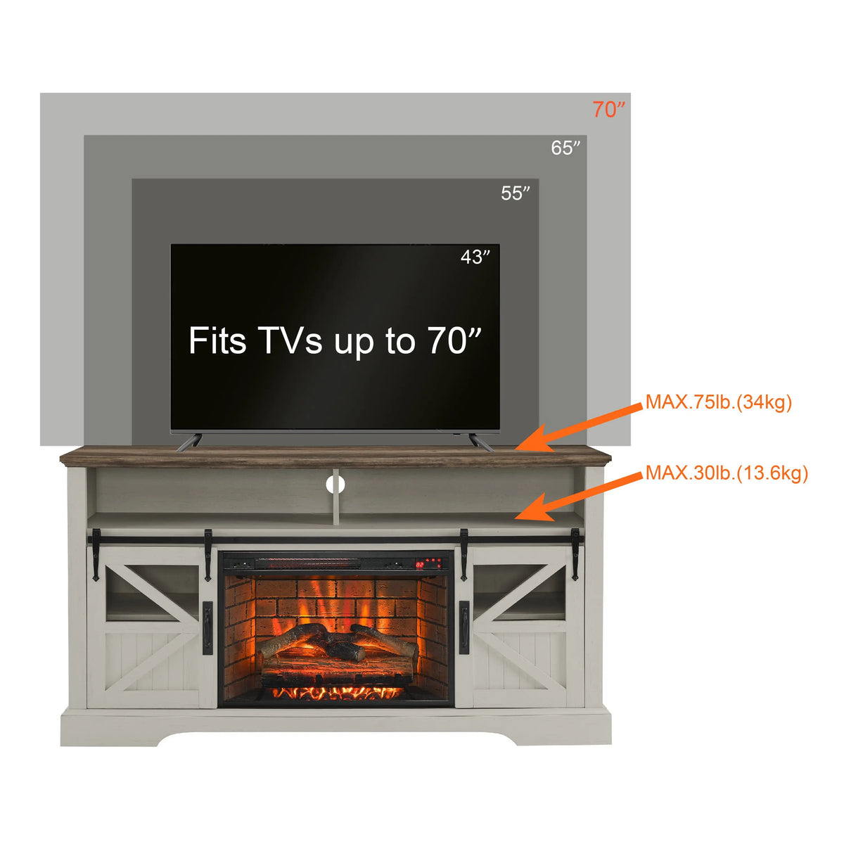 60-inch TV stand with fireplace and adjustable storage shelves