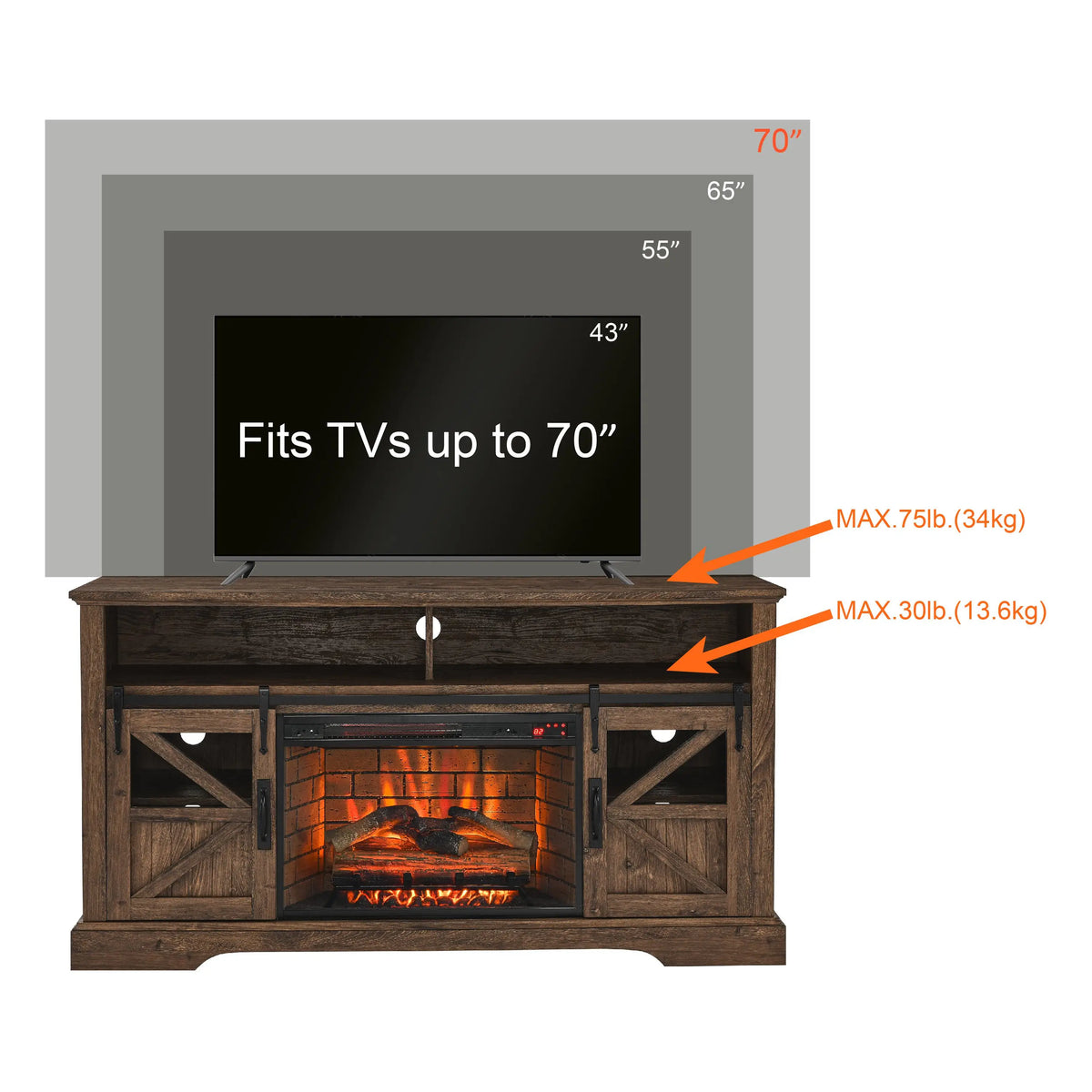 60-inch TV stand with fireplace and adjustable storage shelves