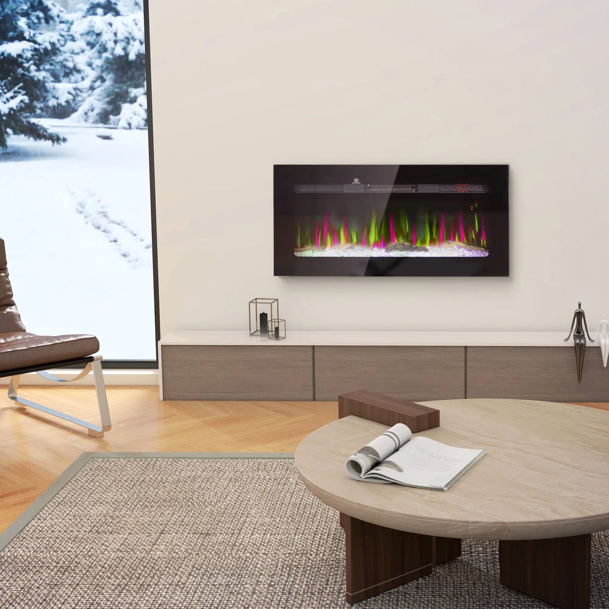 Stylish black electric fireplace with powder-coated finish