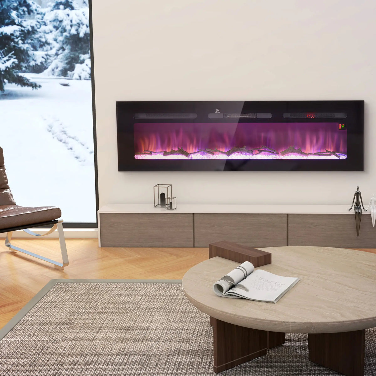 Stylish black electric fireplace with powder-coated finish
