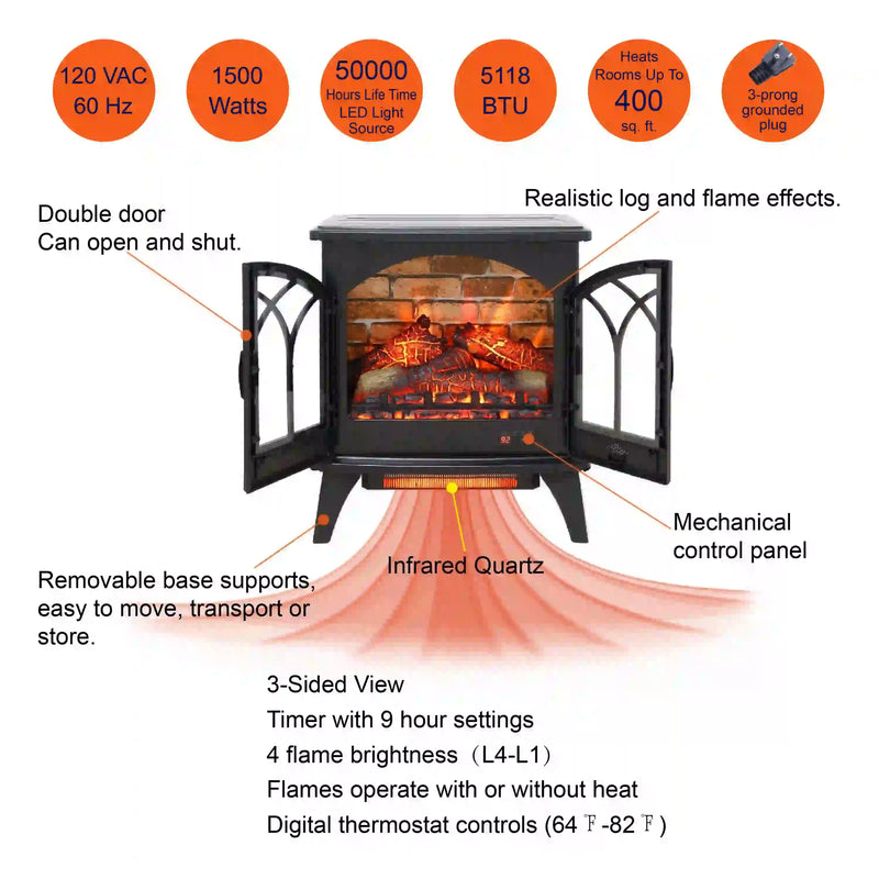 3-Sided Electric Fireplace Stove with Realistic Flame Effect