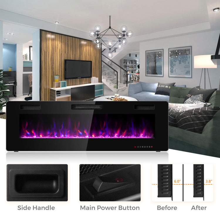 Touchscreen controls on wall mounted electric fireplace