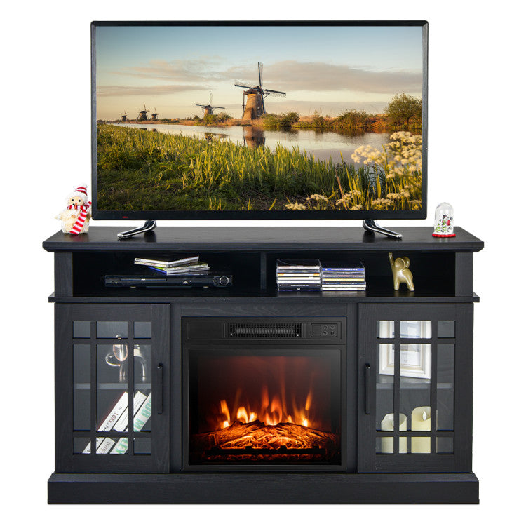 Wood-finish TV cabinet with built-in fireplace