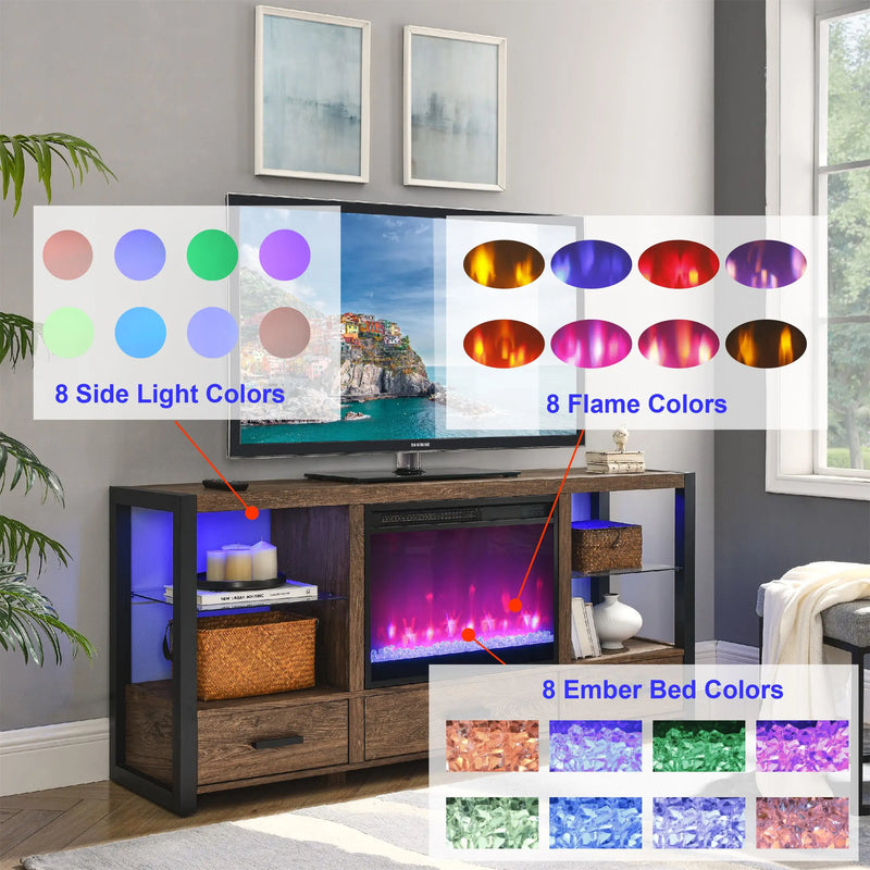 TV credenza with fireplace and LED ambient lighting