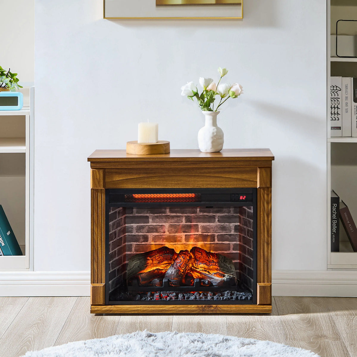 TV media cabinet with electric fireplace and infrared remote control for temperature adjustment.