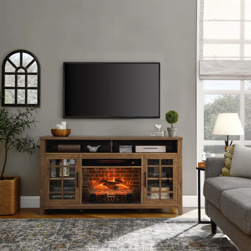 Reclaimed Barnwood  TV stand with built-in fireplace and tempered glass cabinets