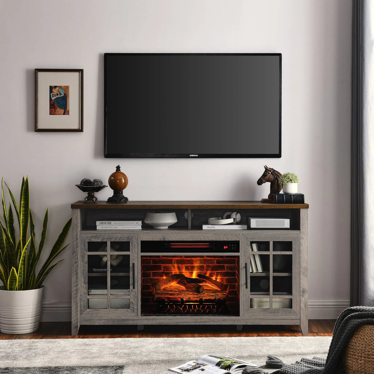 Gray wash TV stand with built-in fireplace and tempered glass cabinets