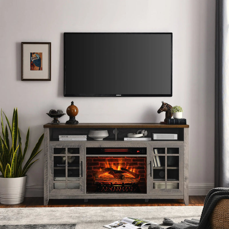 Gray wash TV stand with built-in fireplace and tempered glass cabinets