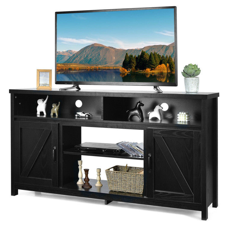 Fireplace media storage cabinet with shelves and barn door cabinets