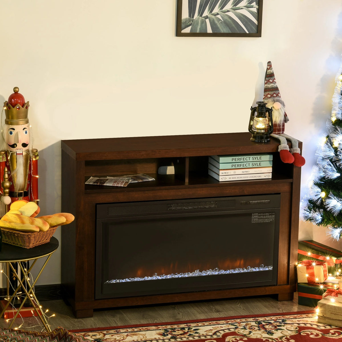 TV stand with built-in electric fireplace and heater.