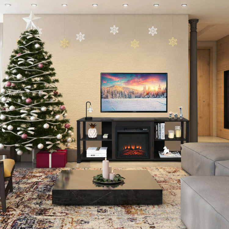 Multifunctional TV stand with fireplace space and bookshelf storage