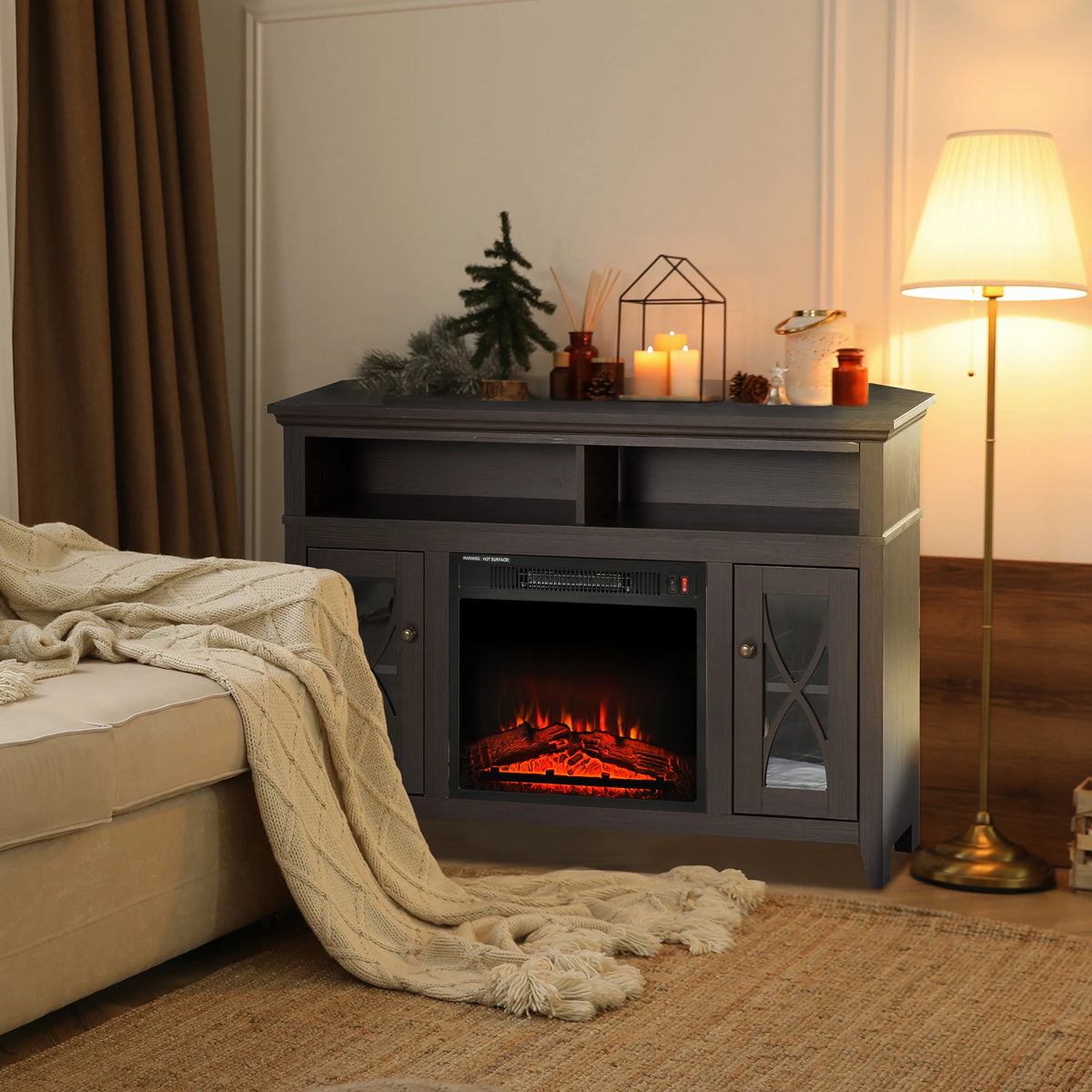 TV Entertainment Unit with Fireplace & Storage Shelves