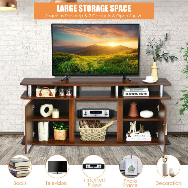 Entertainment console with cabinets and open shelf layout