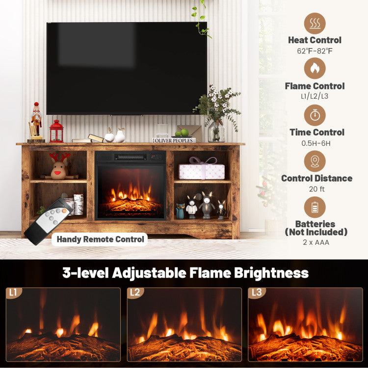 TV unit with fireplace turned on showing flame brightness