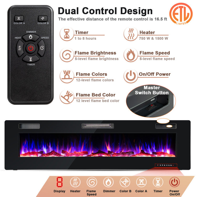 Ultra-Thin 60 Inch Electric Fireplace Recessed Wall Mounted