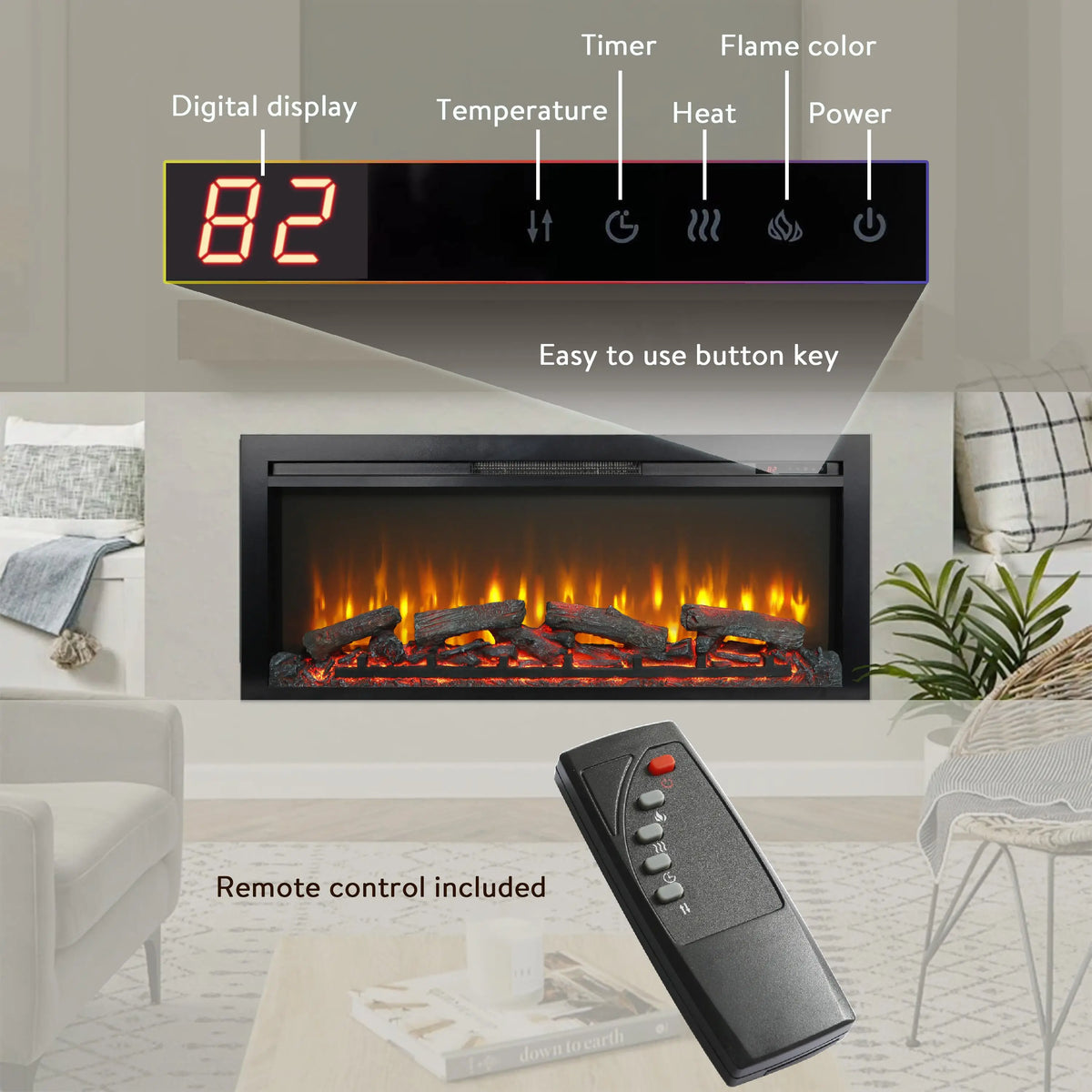 Ultra-Thin Electric Fireplace Insert with Adjustable Heat
