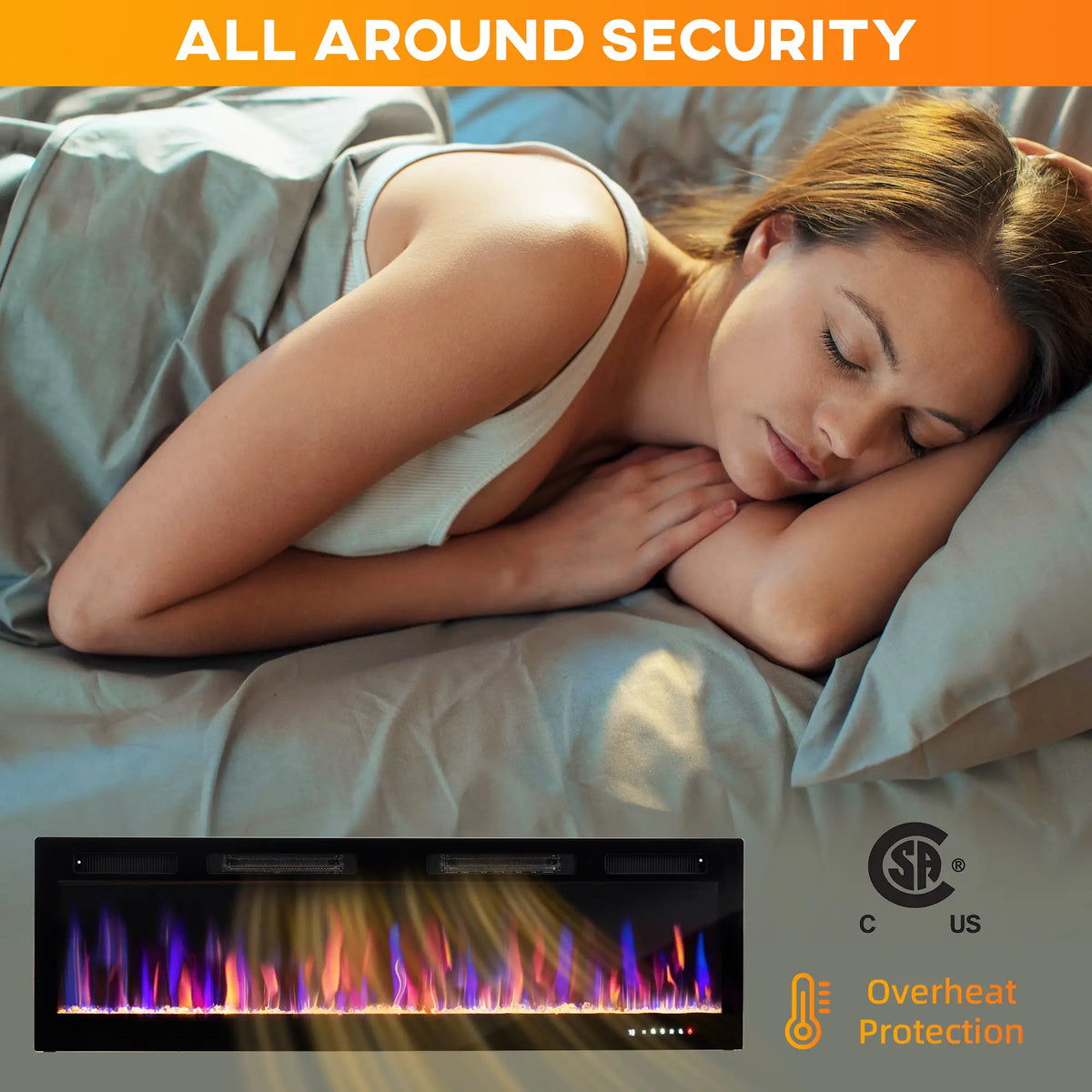 Sleek recessed electric fireplace with a powerful heating system.