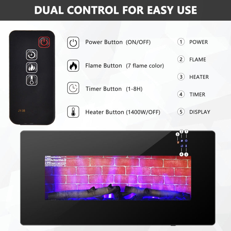 Electric wall fireplace with LED display and remote