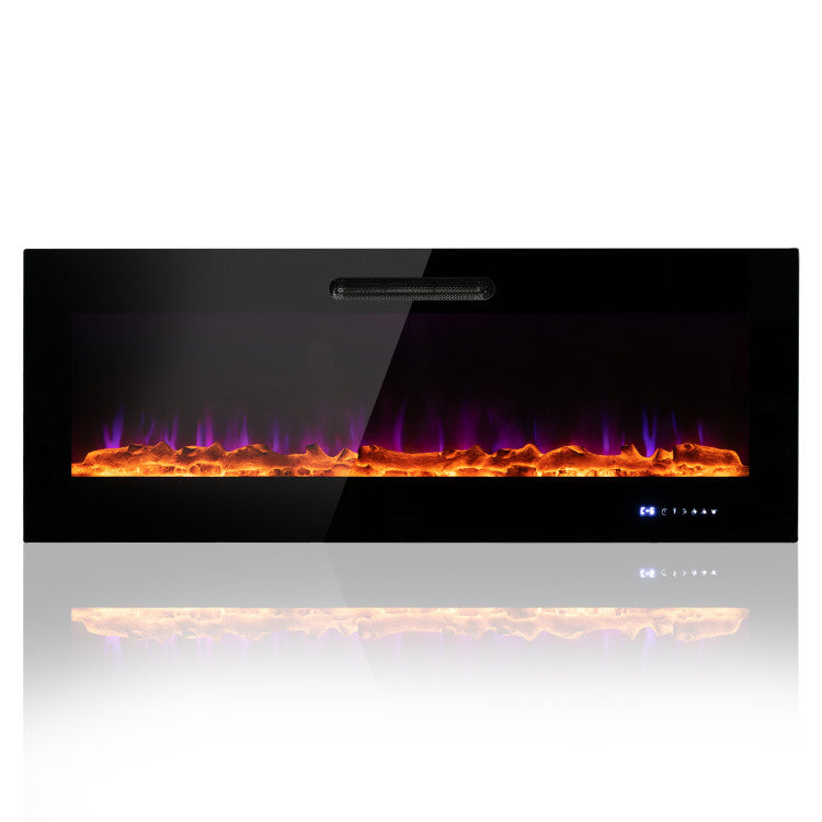 Wall hung electric fireplace close-up of flame and logs