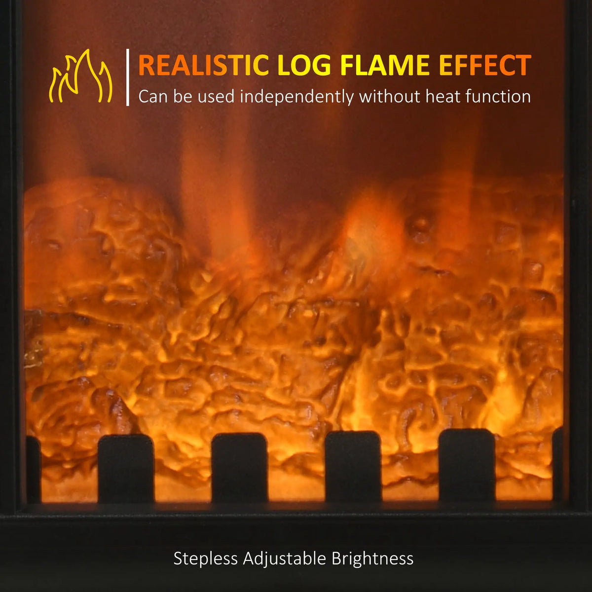 Black wall-mounted electric fireplace with realistic flames.