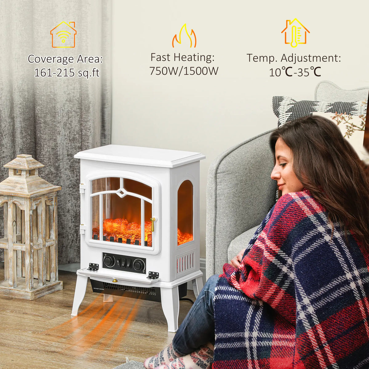 White wall-mounted electric fireplace with realistic flames.