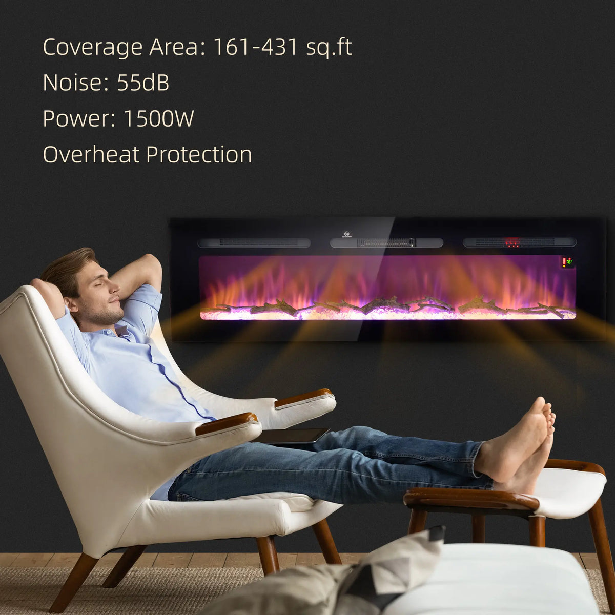 Wall-mounted and recessed electric fireplace with realistic flames