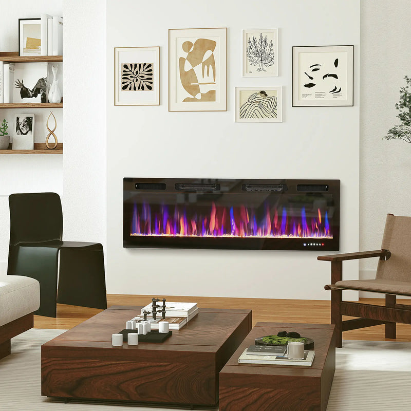 Modern black wall-mounted electric fireplace with crystal ember bed.
