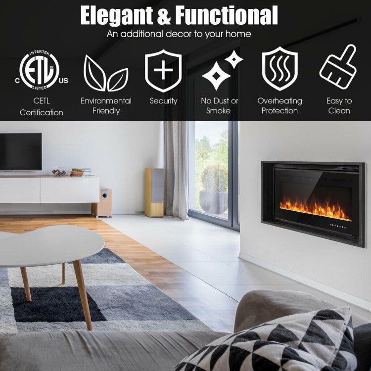 Wall-mounted electric fireplace featuring remote control and touchscreen panel