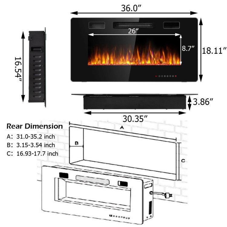 Wall Mounted Electric Fireplace with Built-In Timer Settings for Custom Heating