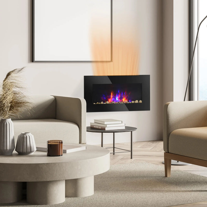 Modern wall-mounted electric fireplace with remote and adjustable flame colors.