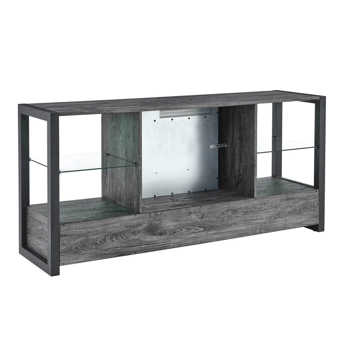 Wall-mounted entertainment center with built-in fireplace